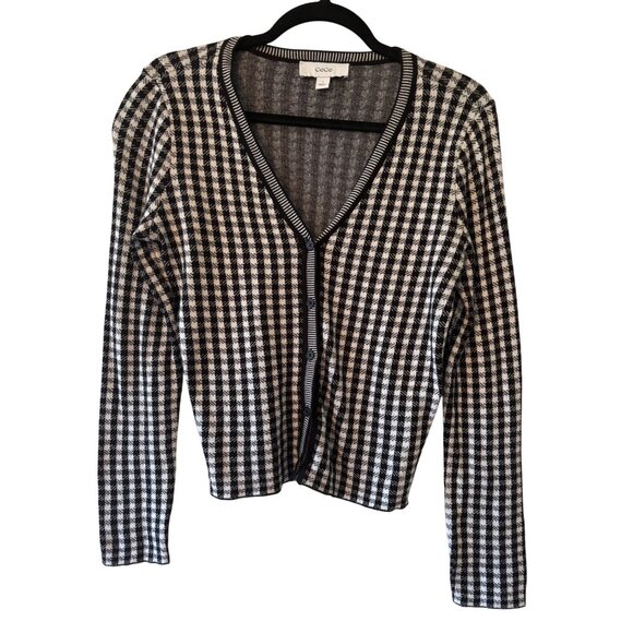CeCe Gingham Black & White Cardigan Sweater V-Neck Long Sleeve Womens S - Picture 1 of 8